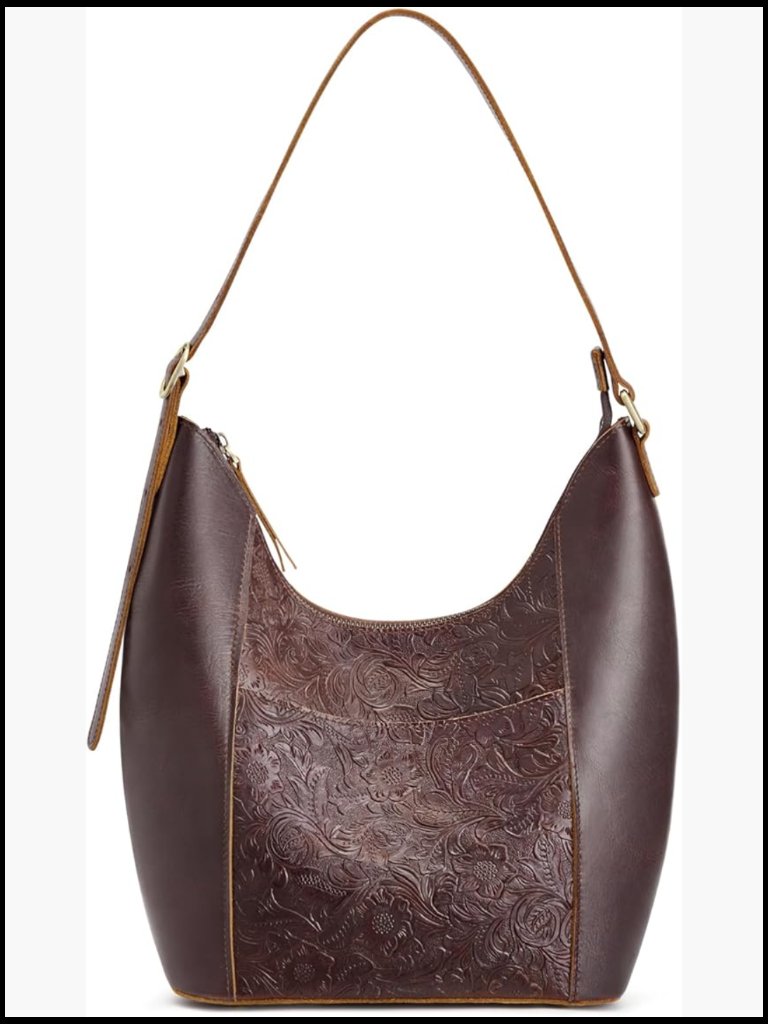 Full Grain Leather Hobo Bag Spacious Top Handle Satchel Rose Pattern Adjustable